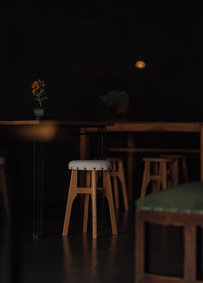 Keyaki-wood fabric-upholstered round stool