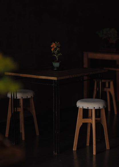 Keyaki-wood fabric-upholstered round stool